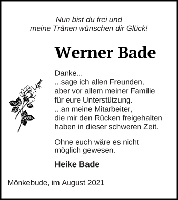 Traueranzeige von Werner Bade von Haff-Zeitung