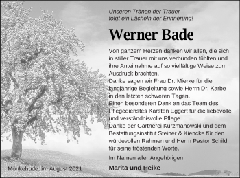 Traueranzeige von Werner Bade von Haff-Zeitung