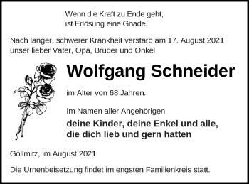 Traueranzeige von Wolfgang Schneider von Prenzlauer Zeitung