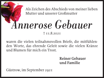 Traueranzeige von Annerose Gebauer von Güstrower Anzeiger