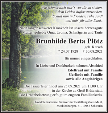 Traueranzeige von Brunhilde Berta Plötz von Zeitung für die Landeshauptstadt