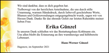 Traueranzeige von Erika Günzel von Hagenower Kreisblatt