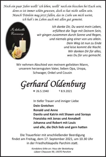 Traueranzeige von Gerhard Oldenburg von Parchimer Zeitung