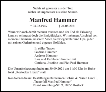 Traueranzeige von Manfred Hammer von Norddeutsche Neueste Nachrichten