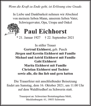 Traueranzeige von Paul Eichhorst von Zeitung für die Landeshauptstadt