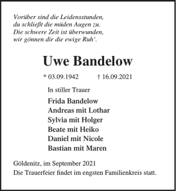 Traueranzeige von Uwe Bandelow von Norddeutsche Neueste Nachrichten