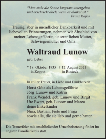 Traueranzeige von Waltraud Lunow von Norddeutsche Neueste Nachrichten