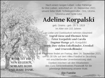 Traueranzeige von Adeline Korpalski von Pasewalker Zeitung