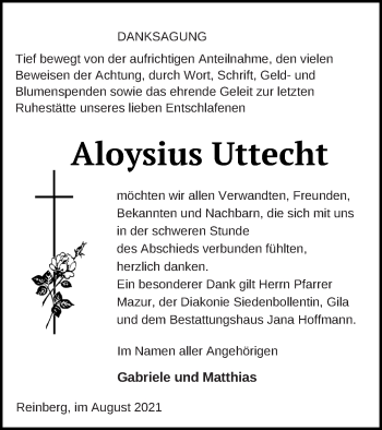 Traueranzeige von Aloysius Uttecht von Neubrandenburger Zeitung