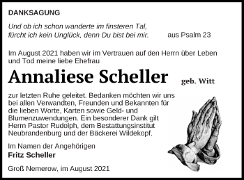 Traueranzeige von Annaliese Scheller von Neubrandenburger Zeitung