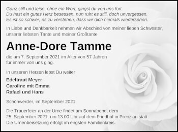 Traueranzeige von Anne-Dore Tamme von Prenzlauer Zeitung