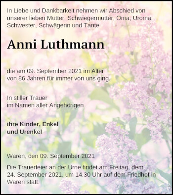 Traueranzeige von Anni Luthmann von Müritz-Zeitung