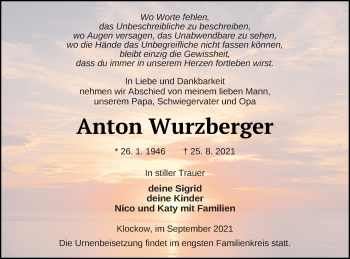 Traueranzeige von Anton Wurzberger von Prenzlauer Zeitung