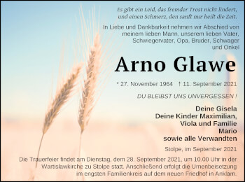 Traueranzeige von Arno Glawe von Vorpommern Kurier