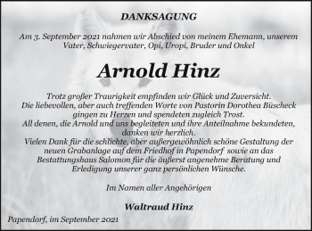 Traueranzeige von Arnold Hinz von Pasewalker Zeitung