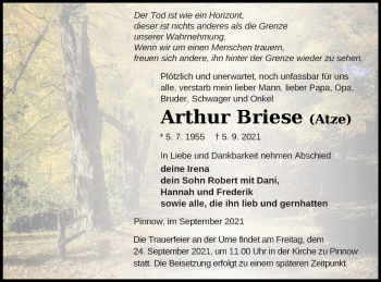 Traueranzeige von Arthur Briese von Neubrandenburger Zeitung