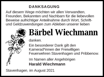 Traueranzeige von Bärbel Wiechmann von Mecklenburger Schweiz