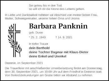 Traueranzeige von Barbara Panknin von Vorpommern Kurier