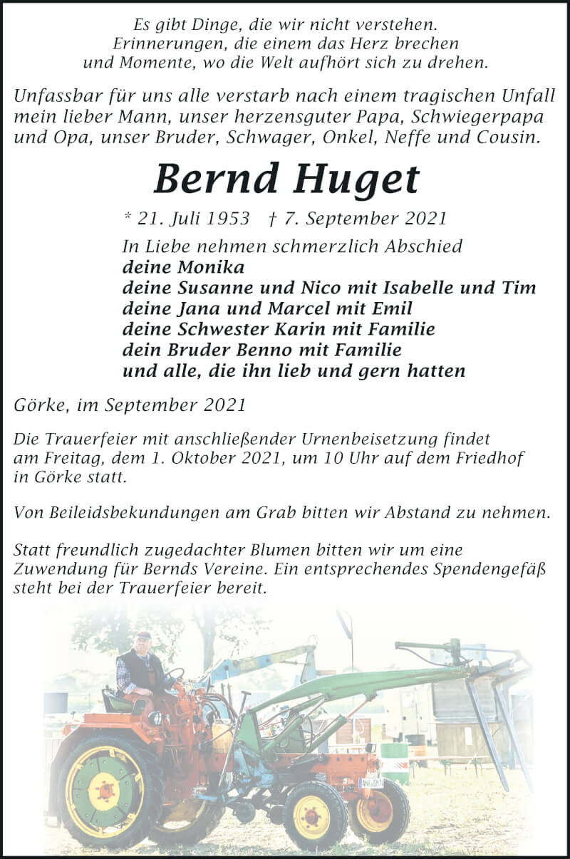  Traueranzeige für Bernd Huget vom 18.09.2021 aus Vorpommern Kurier