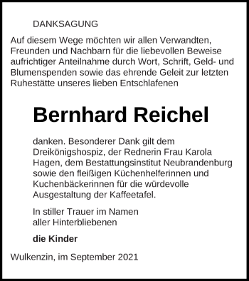 Traueranzeige von Bernhard Reichel von Neubrandenburger Zeitung