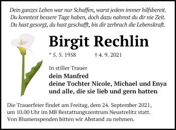 Traueranzeige von Birgit Rechlin von Strelitzer Zeitung