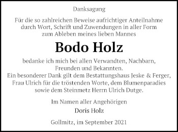 Traueranzeige von Bodo Holz von Prenzlauer Zeitung