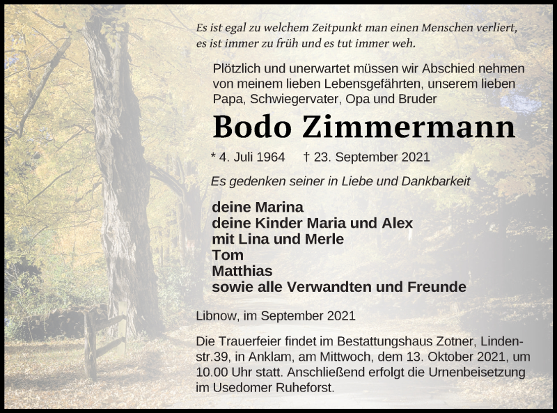  Traueranzeige für Bodo Zimmermann vom 25.09.2021 aus Vorpommern Kurier