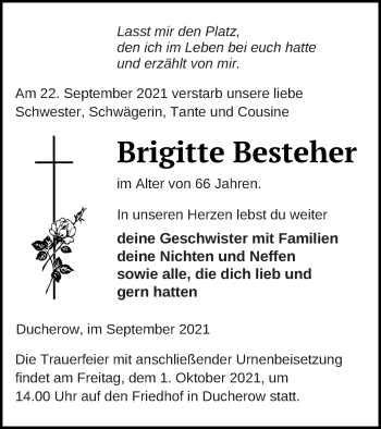 Traueranzeige von Brigitte Besteher von Vorpommern Kurier