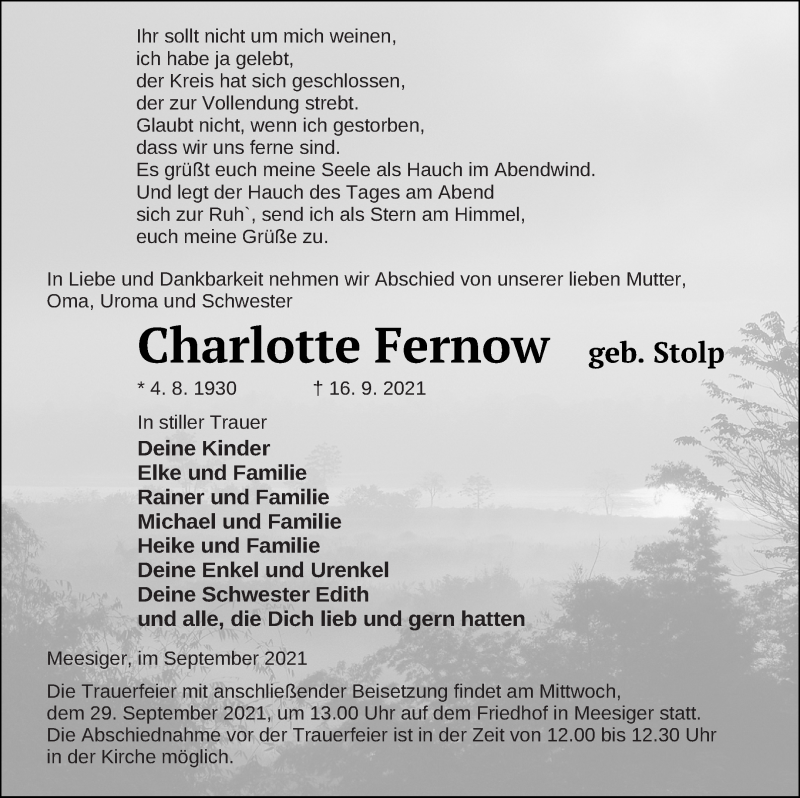  Traueranzeige für Charlotte Fernow vom 24.09.2021 aus Demminer Zeitung