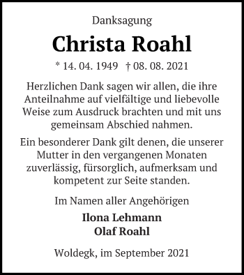 Traueranzeige von Christa Roahl von Strelitzer Zeitung