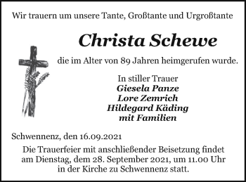 Traueranzeige von Christa Schewe von Pasewalker Zeitung