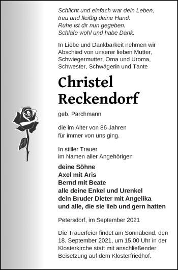 Traueranzeige von Christel Reckendorf von Müritz-Zeitung