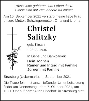 Traueranzeige von Christel Salitzky von Pasewalker Zeitung