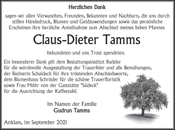 Traueranzeige von Claus-Dieter Tamms von Vorpommern Kurier