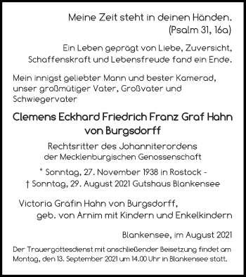 Traueranzeige von Clemens Eckhard Friedrich Franz Graf Hahn von Burgsdorff von Mecklenburger Schweiz