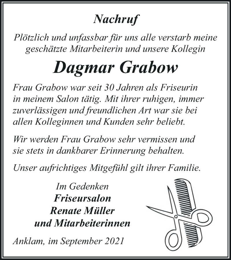  Traueranzeige für Dagmar Grabow vom 04.09.2021 aus Vorpommern Kurier