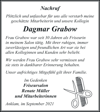 Traueranzeige von Dagmar Grabow von Vorpommern Kurier