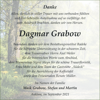 Traueranzeige von Dagmar Grabow von Vorpommern Kurier