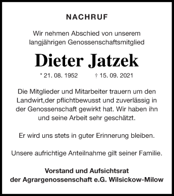 Traueranzeige von Dieter Jatzek von Pasewalker Zeitung