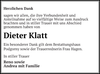 Traueranzeige von Dieter Klatt von Neubrandenburger Zeitung