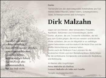 Traueranzeige von Dirk Malzahn von Templiner Zeitung