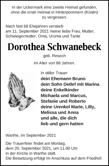 Traueranzeige von Dorothea Schwanebeck von Templiner Zeitung