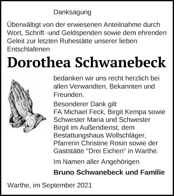 Traueranzeige von Dorothea Schwanebeck von Templiner Zeitung