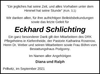 Traueranzeige von Eckhard Schlichting von Strelitzer Zeitung