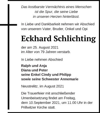 Traueranzeige von Eckhard Schlichting von Strelitzer Zeitung