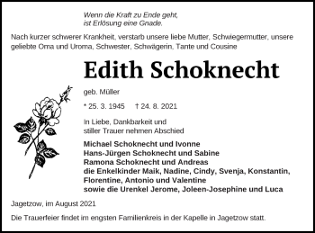 Traueranzeige von Edith Schoknecht von Vorpommern Kurier