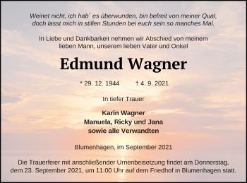 Traueranzeige von Edmund Wagner von Pasewalker Zeitung