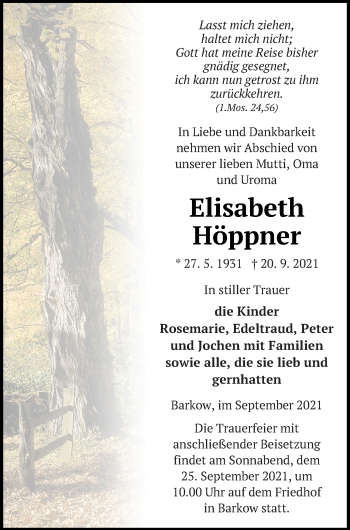 Traueranzeige von Elisabeth Höppner von Neubrandenburger Zeitung