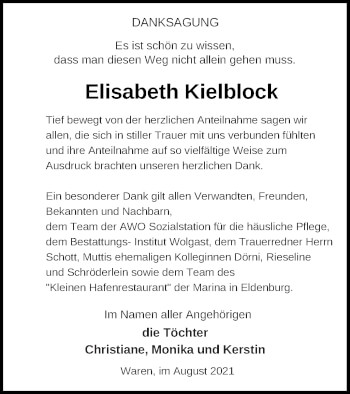 Traueranzeige von Elisabeth Kielblock von Müritz-Zeitung