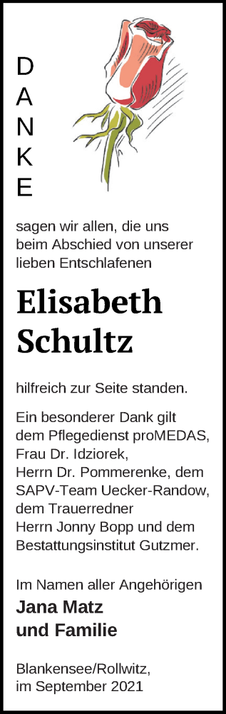 Traueranzeige von Elisabeth Schultz von Pasewalker Zeitung